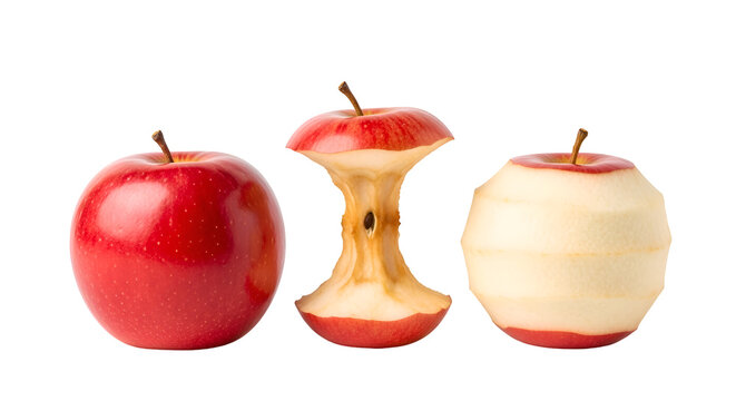 Red Apples Showcased Whole, Bitten, and Peeled on Dark Background, Representing Stages of Consumption