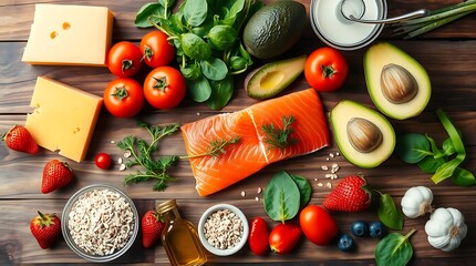 High Angle Shot of Varied, Nutritious Foods Arranged on a Wooden Surface