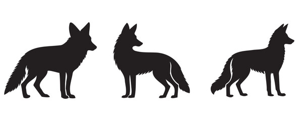 Set of three black fox silhouettes in different poses, standing and howling, isolated on white background, vector animal illustration