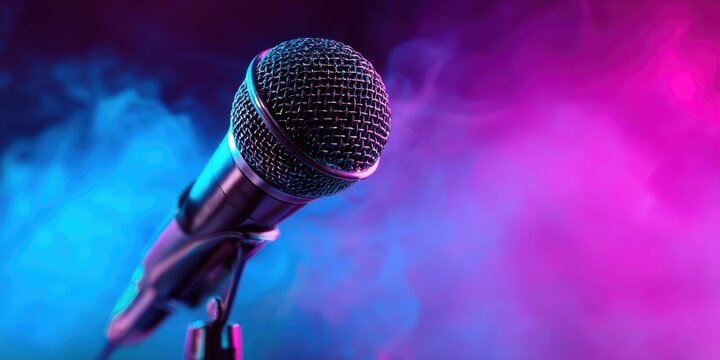 The dynamic microphone surrounded by colorful smoke and vibrant lighting.