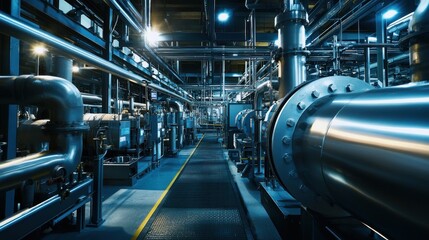 A large industrial plant with metal pipes and machinery, illuminated by bright lights. The scene is industrial, with a focus on the machinery and pipes.