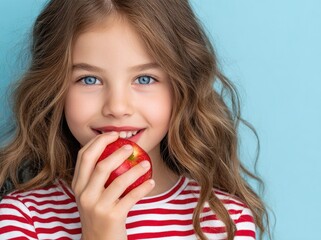 A young girl with wavy brown hair and blue eyes, wearing a red and white striped shirt, is eating an apple against a light blue background