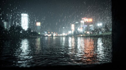 Obraz premium Rainy Night Cityscape View Through Window