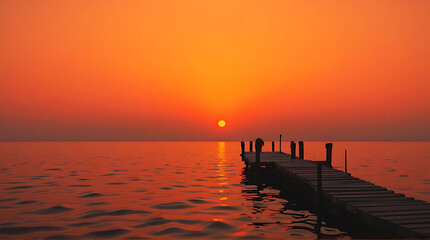 Obraz premium Serene sunset over water with silhouette of person on wooden pier dock