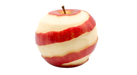 Apple skin spirals around fruit, creating a visually interesting pattern on black background