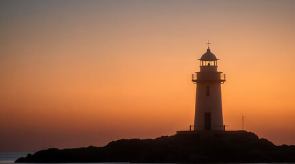 Silhouette of historic lighthouse against vibrant sunset on an island
