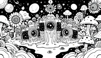 Obraz premium A whimsical, black and white illustration of cameras melting into a surreal landscape.