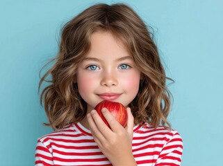A young girl with wavy brown hair and blue eyes, wearing a red and white striped shirt, eats an apple against a light blue background.
