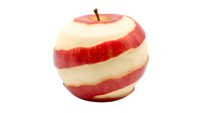 Apple skin spirals around fruit, creating a visually interesting pattern on black background