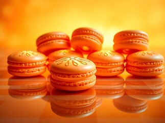Fototapeta premium Orange Macarons: A close-up shot captures the exquisite artistry of an assortment of golden-hued macarons, arranged in a delightful pyramid on a lustrous surface. It's a feast for the eyes.