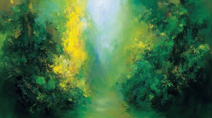 Misty Forest Path With Bright Yellow Highlights