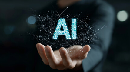 A person holding a glowing digital icon representing generative "AI", symbolizing the power and innovation of artificial intelligence
