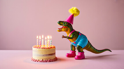 Funny dinosaur toy in party outfit with birthday cake and candles on pink background