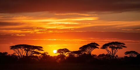 The stunning sunset over an acacia silhouette in the African savannah landscape.