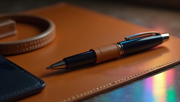Elegant desk accessory set featuring a luxury leather pen holder, rich tan leather with saddle stitching, paired with a matching leather desk mat and organizer tray, curated workspace with warm ambien