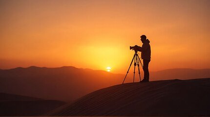 Silhouette Photographer Capturing Golden Sunset in a Desert Landscape Ambience
