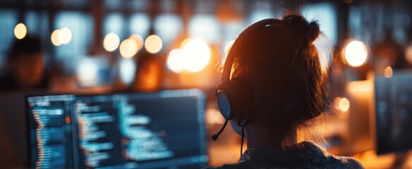 The modern developer working late with coding on multiple screens.