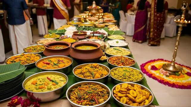 Happy Onam Festival: A Lavish Traditional South Indian Sadhya Feast with Vibrant Curries and Dishes for a Festive Celebration