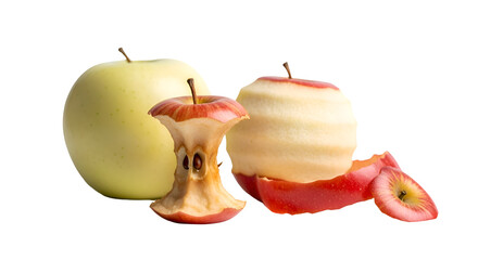 Apples Show Different Stages of Consumption on Transparent Background, Whole, Core, Peel