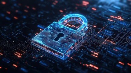 A glowing blue padlock on a dark circuit board background with red and blue light patterns around it