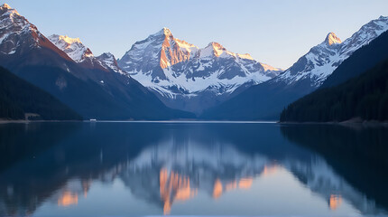 Fototapeta premium Serene mountain landscape reflecting on a calm lake at sunrise or sunset