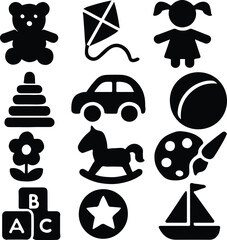 Kids Toys & Learning Icons – Black Silhouette Set of Teddy Bear, Kite, Girl, Car, Ball, ABC Blocks, Rocking Horse, Paint Palette, Star, Flower, and Boat for Children’s Education, Play, Preschool App o