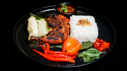 Grilled Chicken with Red Chili Sambal, Rice, and Vegetables