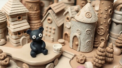 Charming Miniature Clay Village with a Whimsical Black Bear Resident