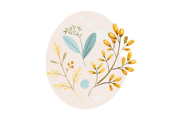 Beige oval floral composition with yellow mimosa and blue leaves