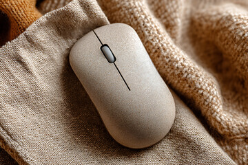 Close up of a beige wireless computer mouse resting on a textured fabric surface with a cozy knitted material in the background