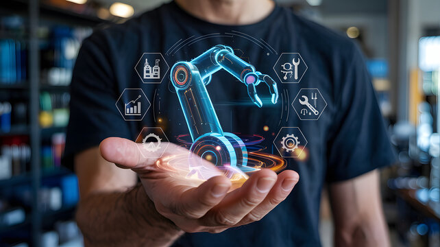 Man presents future of manufacturing with holographic robotic arm and industry icons in modern environment