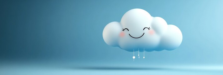 Happy Cloud with Raindrops - Adorable cartoon cloud smiling with tiny raindrops falling. Light blue background. Perfect for kids, weather, or happiness themes