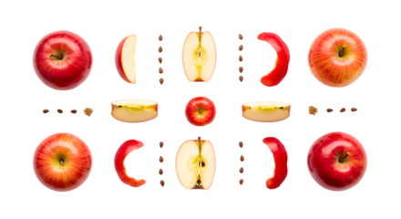 Red Apples Arranged Beautifully Showcasing Whole, Sliced, Peeled, and Seeds on Transparent Background