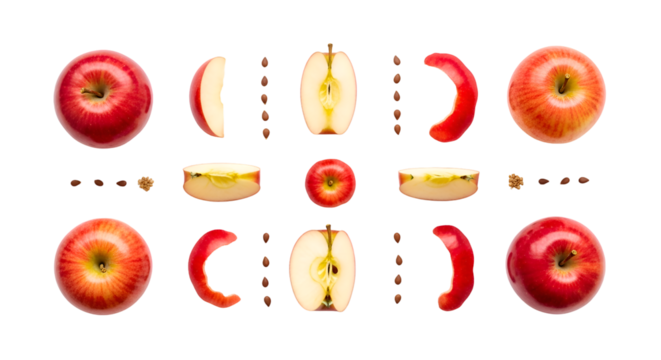 Red Apples Arranged Beautifully Showcasing Whole, Sliced, Peeled, and Seeds on Transparent Background
