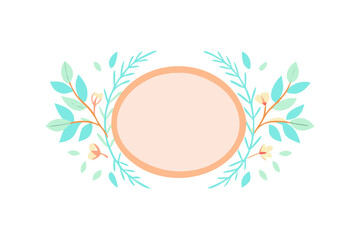 Obraz premium Oval floral badge with orange frame and blue-green leaves