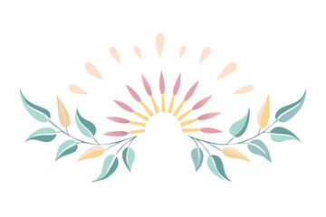 Soft pastel sunburst with pink and green leaf elements