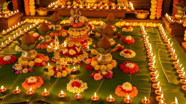 Happy Onam Festival: Sacred Hindu Altar Illuminated by Hundreds of Flickering Diyas for a Festive Celebration