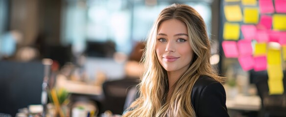 The confident young woman in a modern office setting with colorful notes.