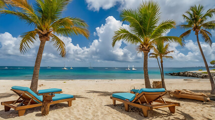 A childlike crayon drawing of a sunny beach scene with a palm tree, umbrella, and deck chair.