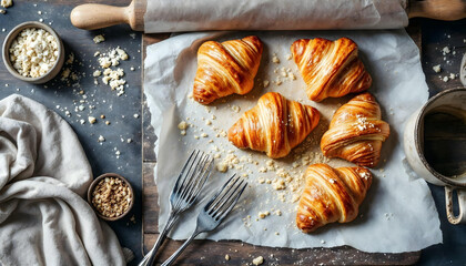 Flat lay photo of freshly baked croissants on parchment paper with crumbs scattered, surrounded by rustic kitchen tools like wooden rolling pin and linen towel. Natural warm light, no people, top view