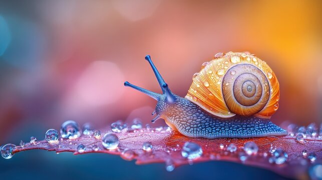 Vibrant snail on dew-kissed leaf