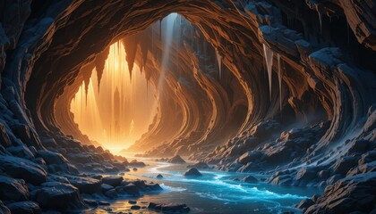 Close up Crystal Cavern with Glowing River and Icy Walls