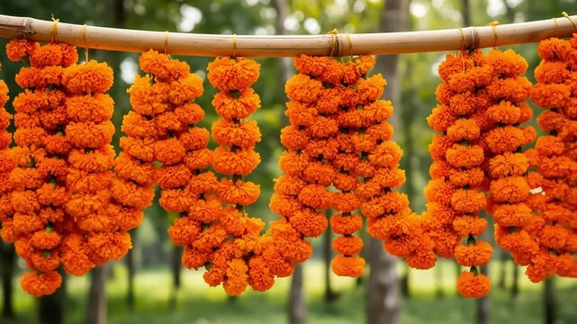 Happy Onam: Vibrant Orange Marigold Garlands Gently Swaying on a Bamboo Pole for a Traditional Festival