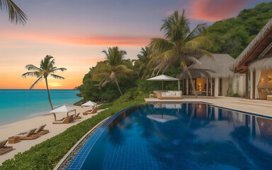 Idyllic tropical resort with a stunning infinity pool and luxury cabanas overlooking a dramatic ocean sunset.