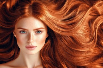 Obraz premium Redhead Woman with Long Flowing Hair - Stunning portrait of a woman with vibrant red hair, showcasing its length, shine, and healthy texture. Perfect for beauty, haircare, and fashion