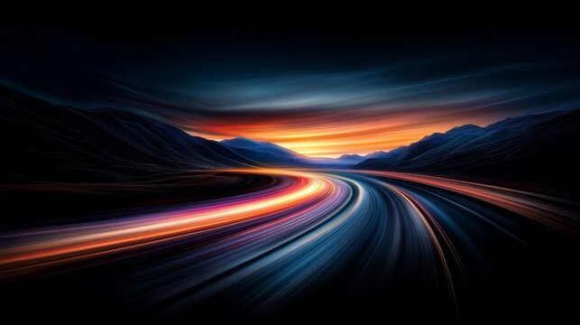 Long, winding road with mountains in the background. The sky is orange and the sun is setting