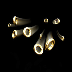 Golden rings floating on a black background