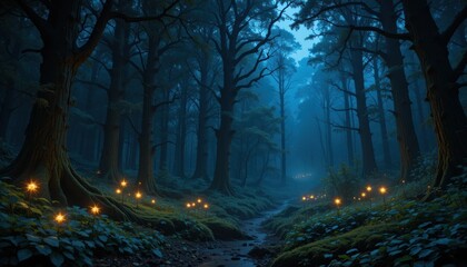 Fototapeta premium Close up Enchanted Forest at Night with Glowing Will