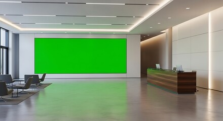 Modern office reception and lobby with a blank green screen wall for mockups. 3D rendering of a contemporary business interior.