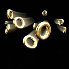 Golden rings floating on a black background